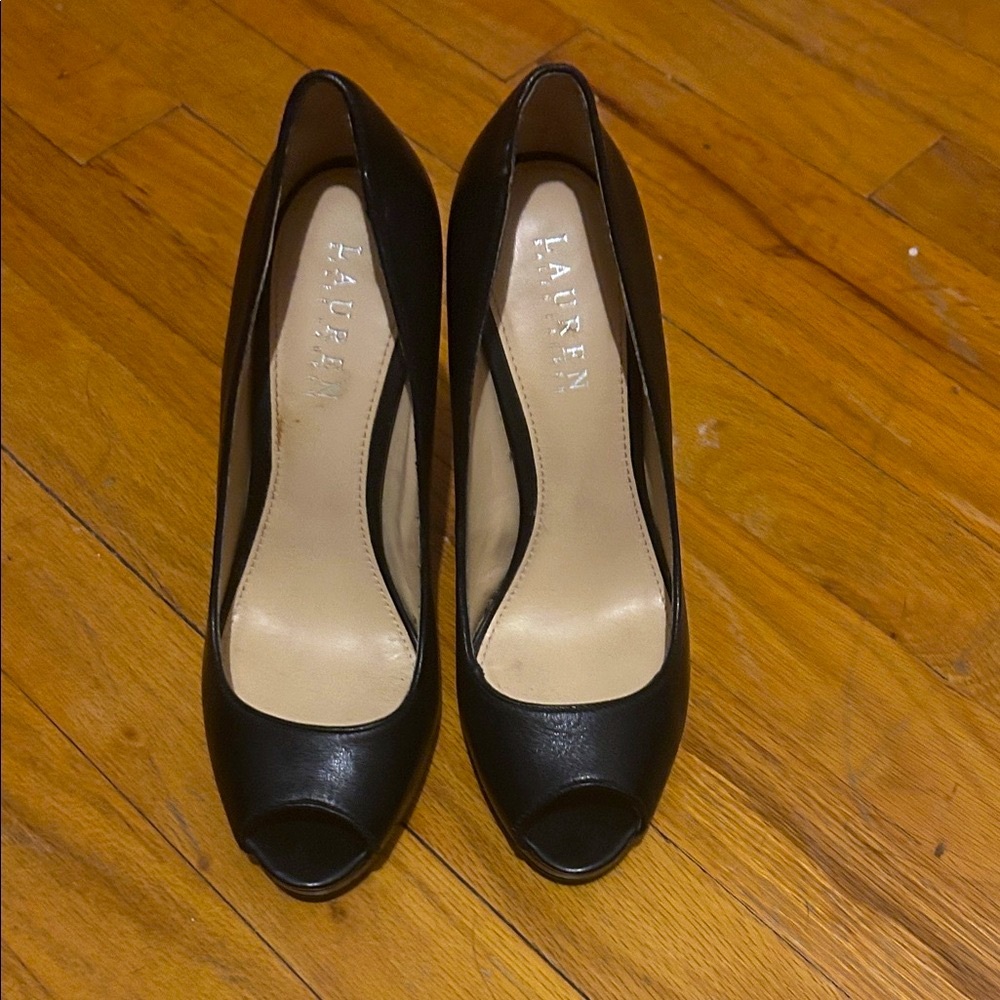 Ralph Lauren Black Leather Peep-Toe Heels